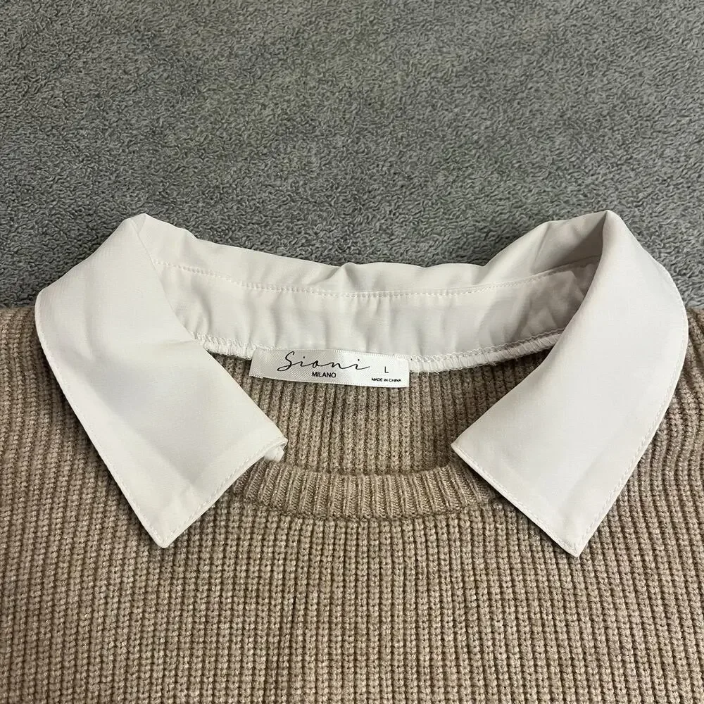 Sioni Milano Layered Look Ribbed Knit Sweater White Collar Hem Size L Tan B337